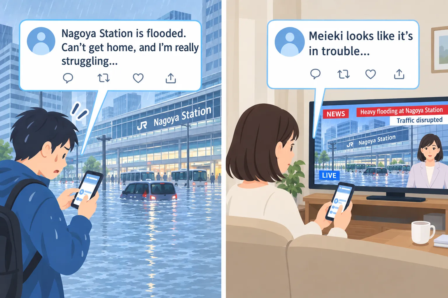 Example of social media posts during a disaster. A person at the flooded Nagoya Station posts "Nagoya Station is flooded. Can't get home, and I'm really struggling..." using the official name, while a person at home, watching a TV news report on heavy flooding at Nagoya Station, posts "Meieki looks like it's in trouble..." using the abbreviation.