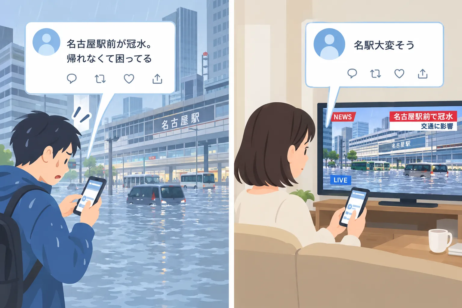 災害時の SNS 投稿の例。冠水した名古屋駅前にいる人は「名古屋駅前が冠水。帰れなくて困ってる」と正式名称で投稿し、自宅でテレビのニュースを見ている人は「名駅大変そう」と略称で投稿している。